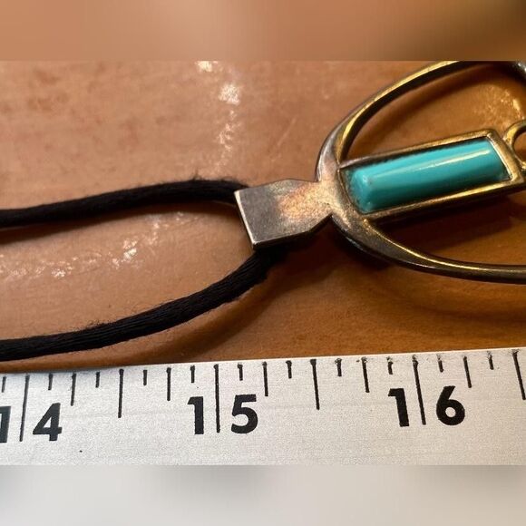 Vintage Modernist Pendant Necklace Silver Tone Turquoise Oval Boho 30” *Read* - Picture 5 of 6